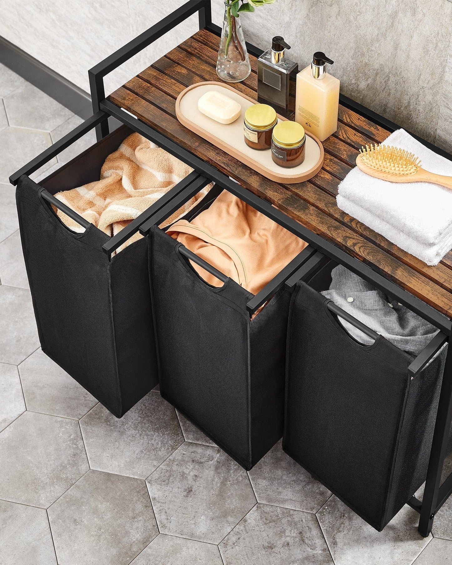 Wäschekorb, Wäschesammler, Wäschesammler 3 Fächer, mit Ablage, Tasche 38 Liter, 3 X 38 L, Vasagle, 3