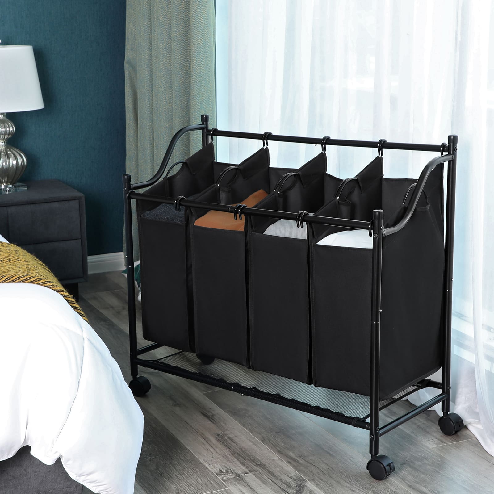 Wäschekorb, Wäschesortierer, Wäschesortierer 4 Fächern, Wäschesammler, mit Rädern, 4 x 35 L, Schwarz, Songmics, 9