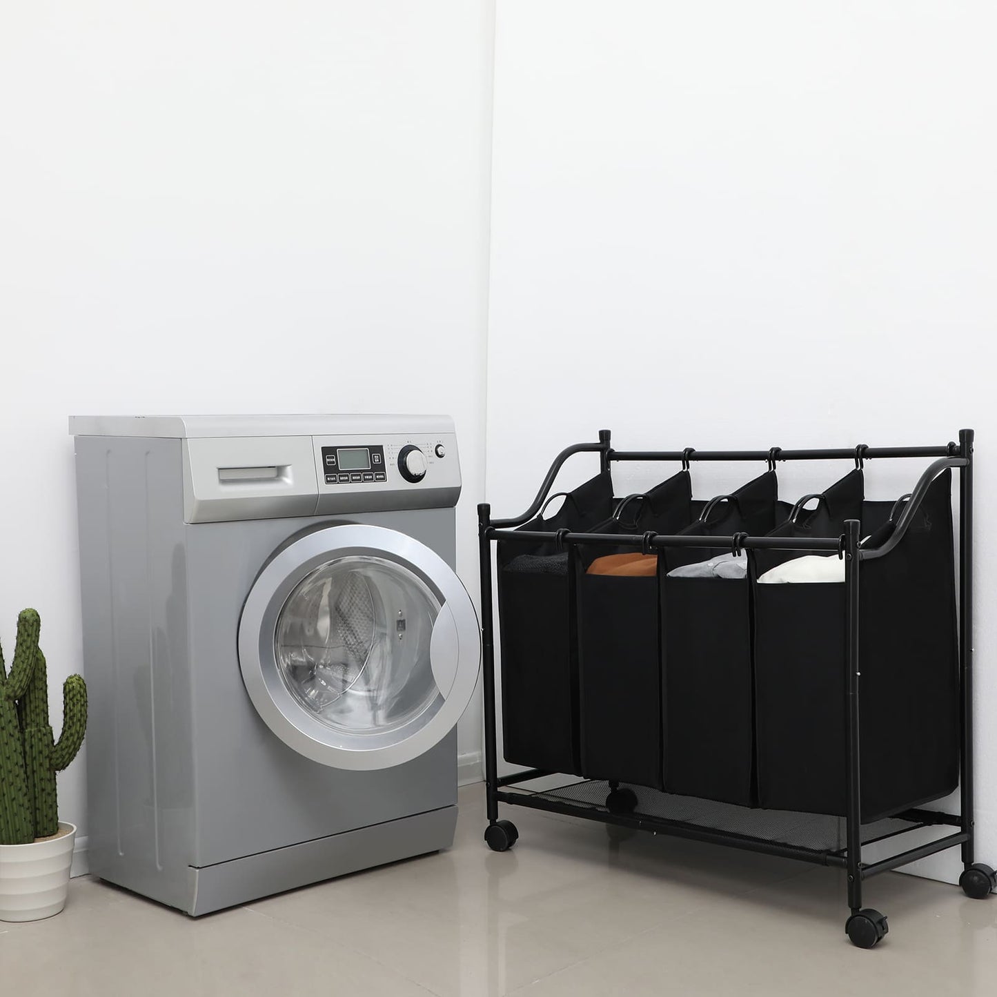 Wäschekorb, Wäschesortierer, Wäschesortierer 4 Fächern, Wäschesammler, mit Rädern, 4 x 35 L, Schwarz, Songmics, 2
