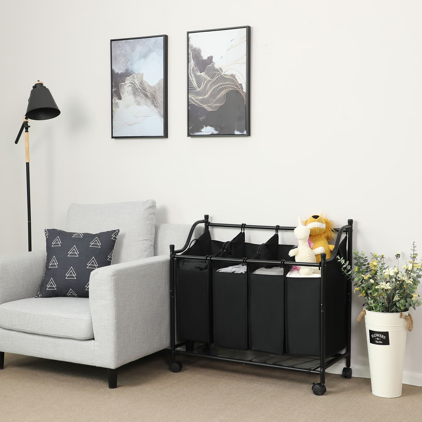 Wäschekorb, Wäschesortierer, Wäschesortierer 4 Fächern, Wäschesammler, mit Rädern, 4 x 35 L, Schwarz, Songmics, 6