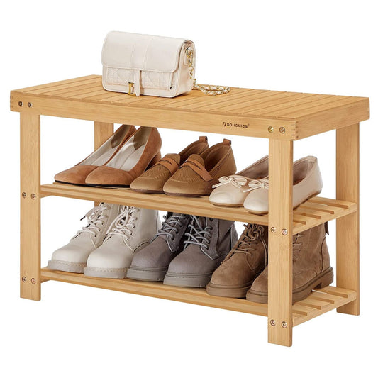 Schuhregal, Schuhbank, Sitzbank, mit 3 Ablagen, Schuhablage, Schuhregal mit sitzbank, Bambus, Songmics