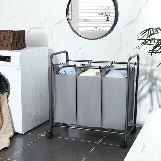 Wäschekorb 3 Fächer, 132 L, Wäsche Sortiersystem, mit Rollen, Wäschekorb Modern, Wäschewagen mit Griffen, Grau, SONGMICS, 3