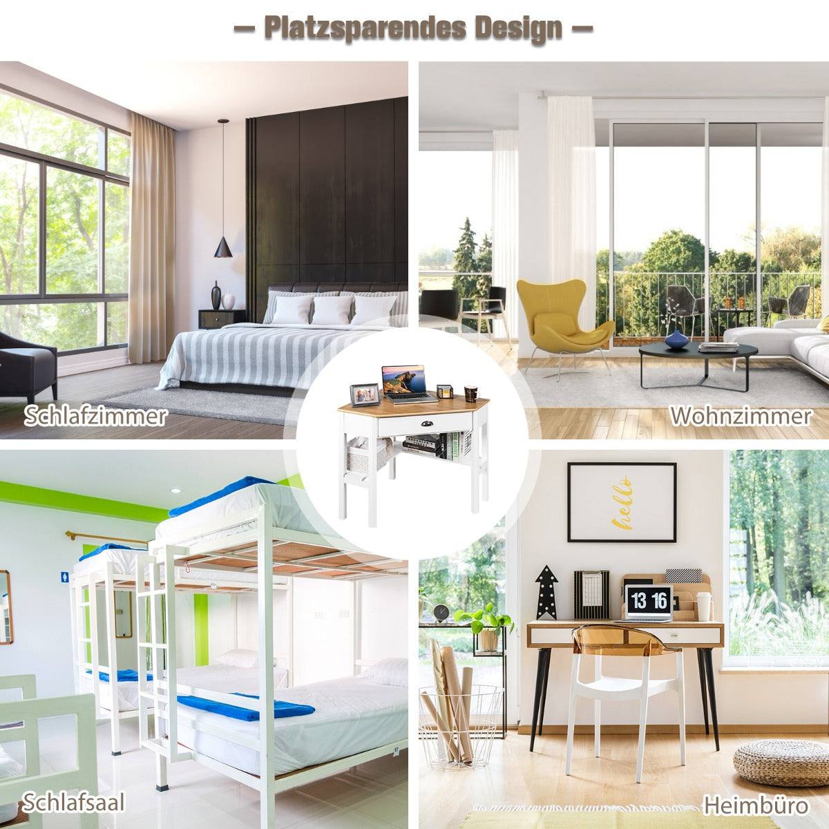 Costway - Eckschreibtisch aus Holz Kompakter Schreibtisch mit Schublade & Regalen 75 x 75 x 76 cm Natur + Weiß