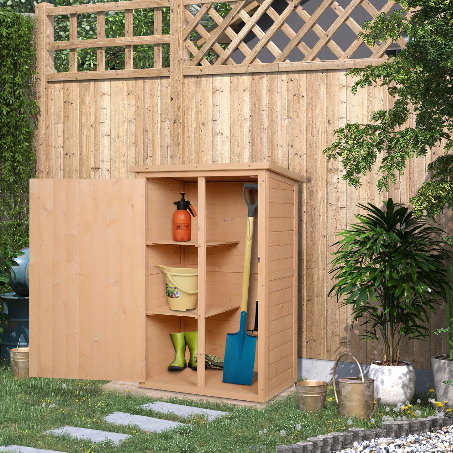 Outsunny - Gartenhaus Gerätehaus Geräteschuppen mit Regalböden Geräteschuppen Lagerschuppen für Garten Tanne Naturholz 75 x 56 x115 cm