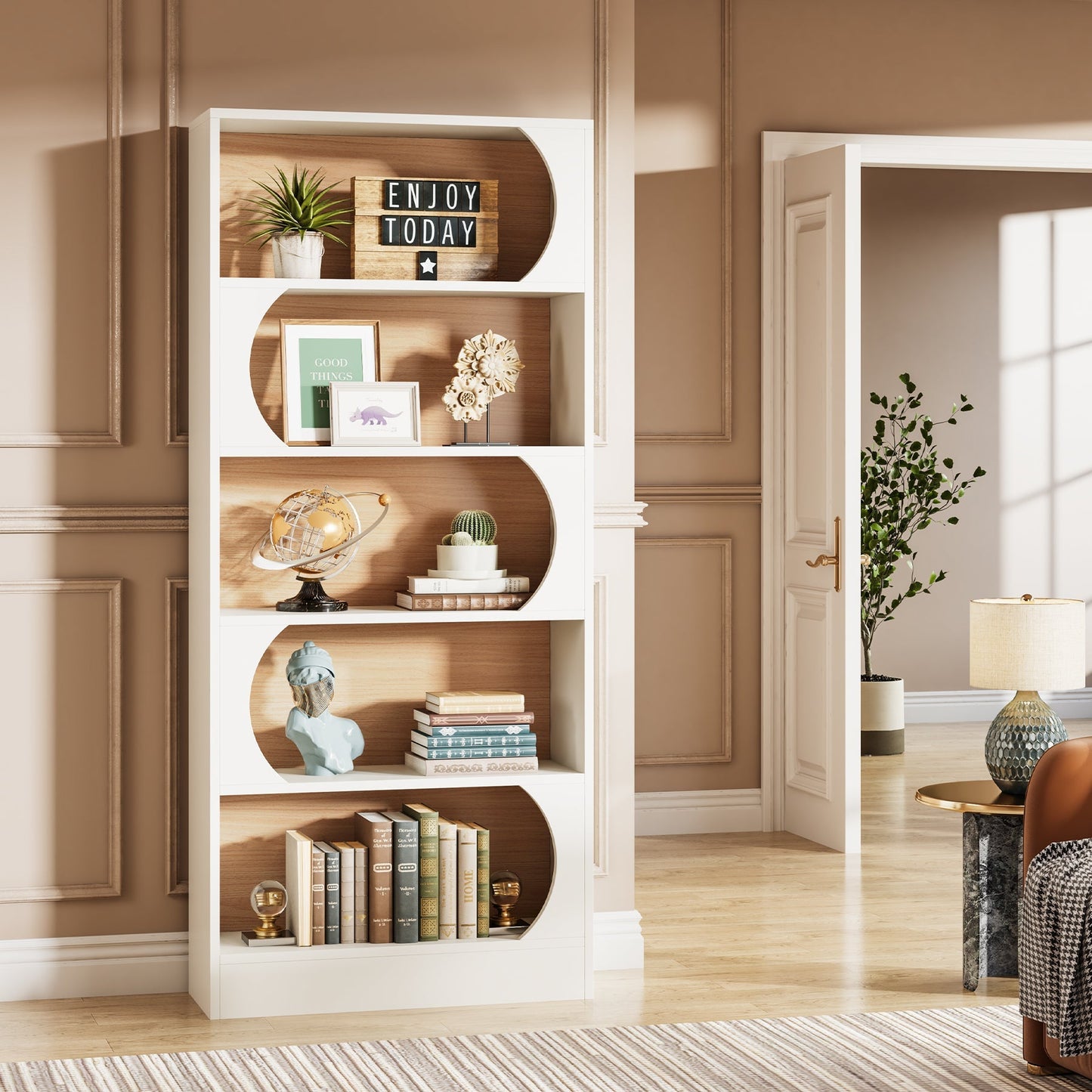 Bücherregal, 5-Stöckiges, Schmales Regal 80x30x180 cm, Standbücherregal mit Lagerregalen, Große Offene Aufbewahrungsregal, Weiß Walnuss, Tribesigns, 4