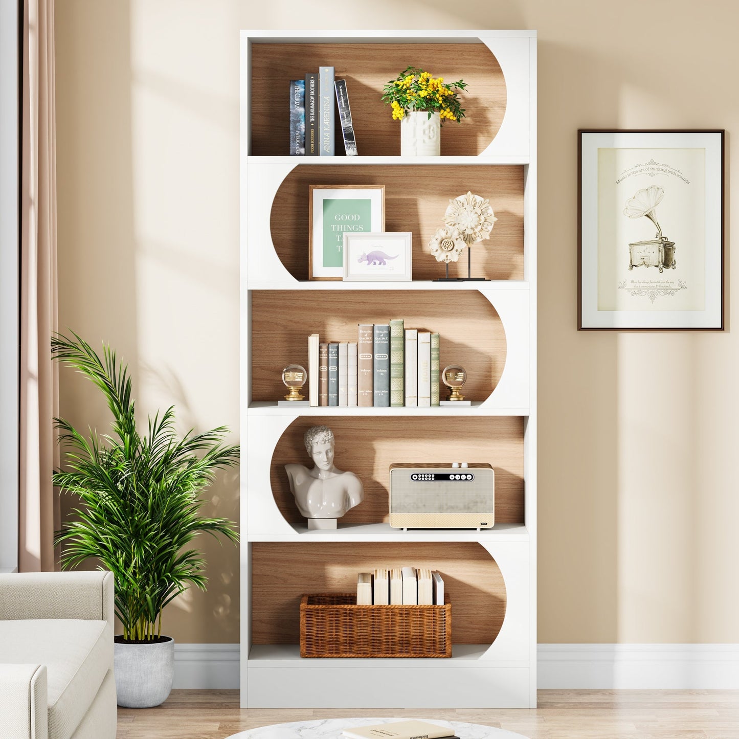 Bücherregal, 5-Stöckiges, Schmales Regal 80x30x180 cm, Standbücherregal mit Lagerregalen, Große Offene Aufbewahrungsregal, Weiß Walnuss, Tribesigns, 3
