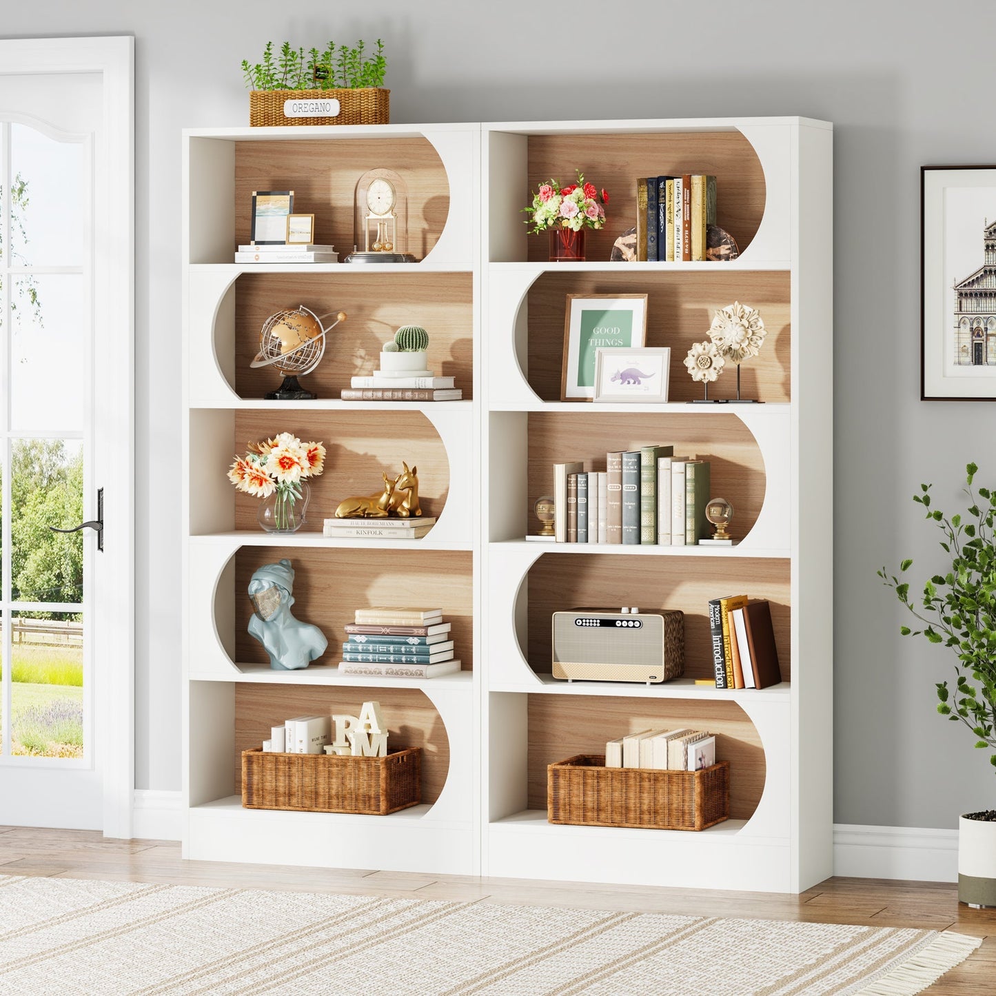 Bücherregal, 5-Stöckiges, Schmales Regal 80x30x180 cm, Standbücherregal mit Lagerregalen, Große Offene Aufbewahrungsregal, Weiß Walnuss, Tribesigns, 8