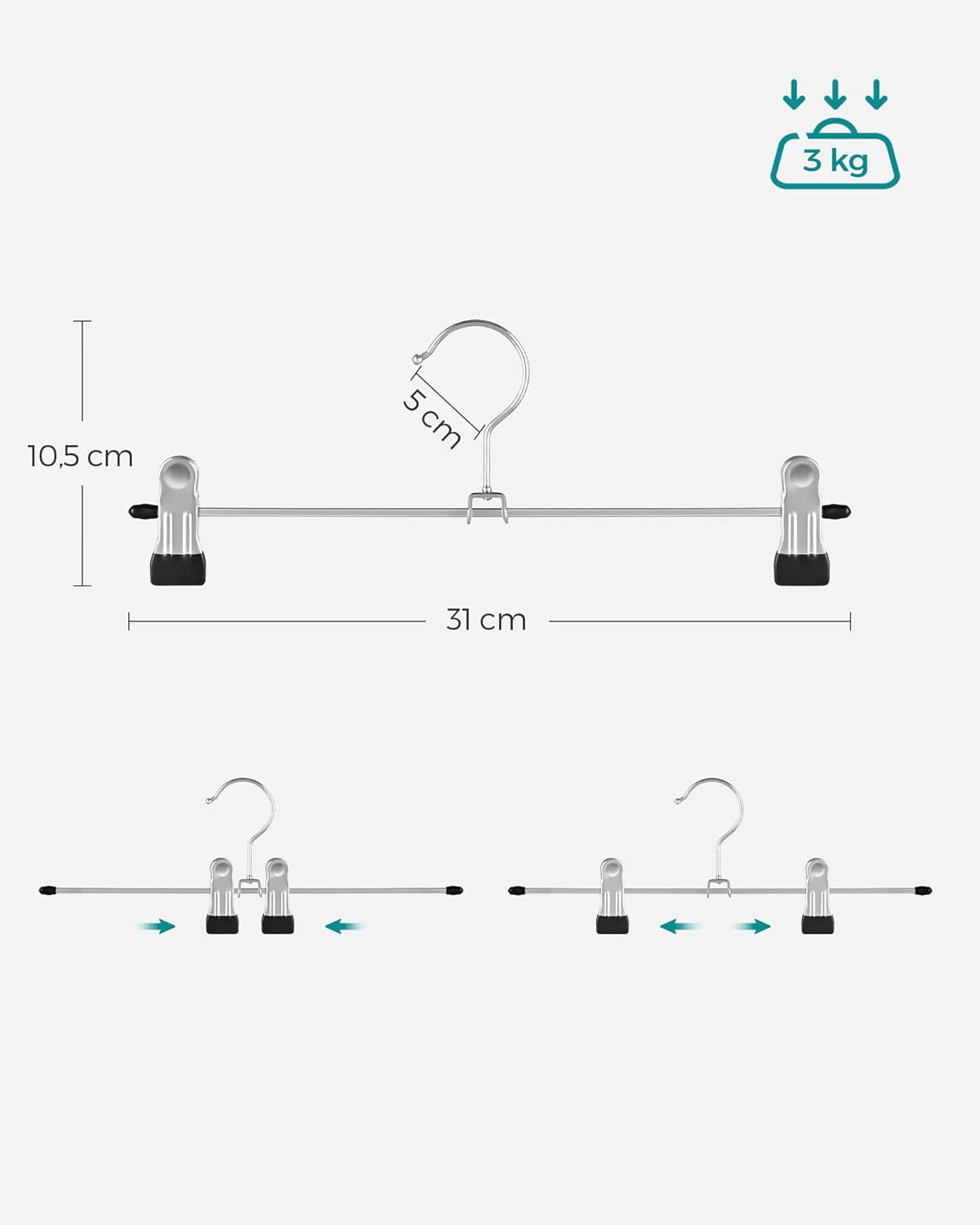 Hosenbügel, 20er Set, Kleiderbügel, mit Klammern, 31cm, Rutschfest, Rockbügel, Silber-Schwarz, SONGMICS, 8