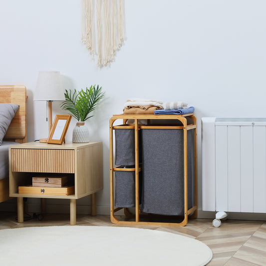 Wäschekorb 3 Fächer, Wäschekorb Regal, Wäschesammler, Wäschebehälter, mit Plattform Bambus, Wäschesäcken, Grau Natur, HOMCOM, 2