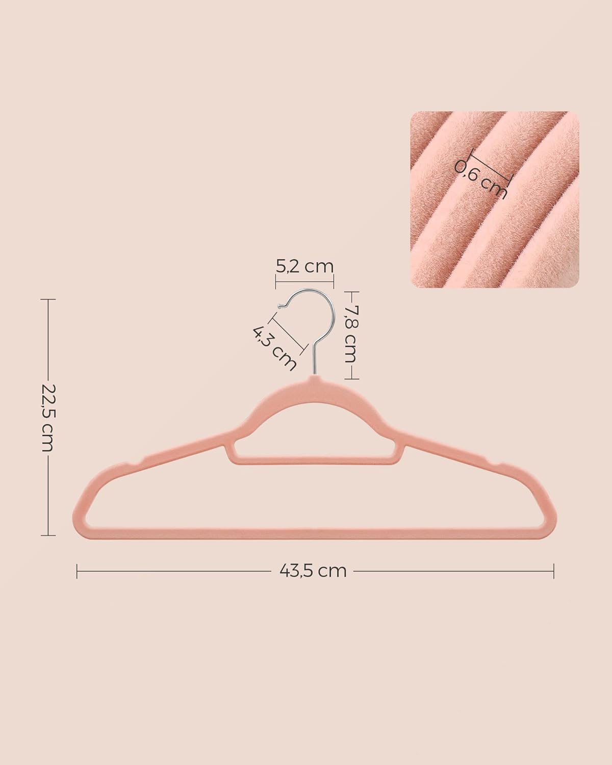 Kleiderbügel, 50er Set, Hosenbügel, 43,5cm, Samtbügel, mit Stange für Krawatten, Silber-Rosa, SONGMICS, 5