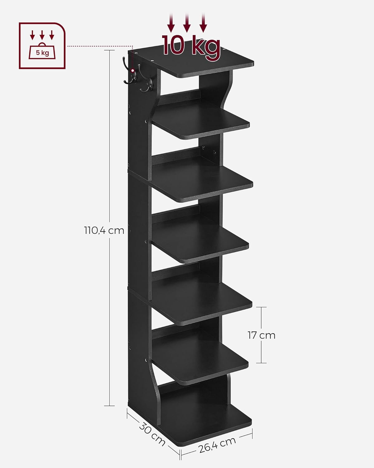 Schuhregal schmal, Standregal mit 7 Ebenen, platzsparend, für Eingangsbereich, Ecke, Schuhablage, schwarz, VASAGLE, 1