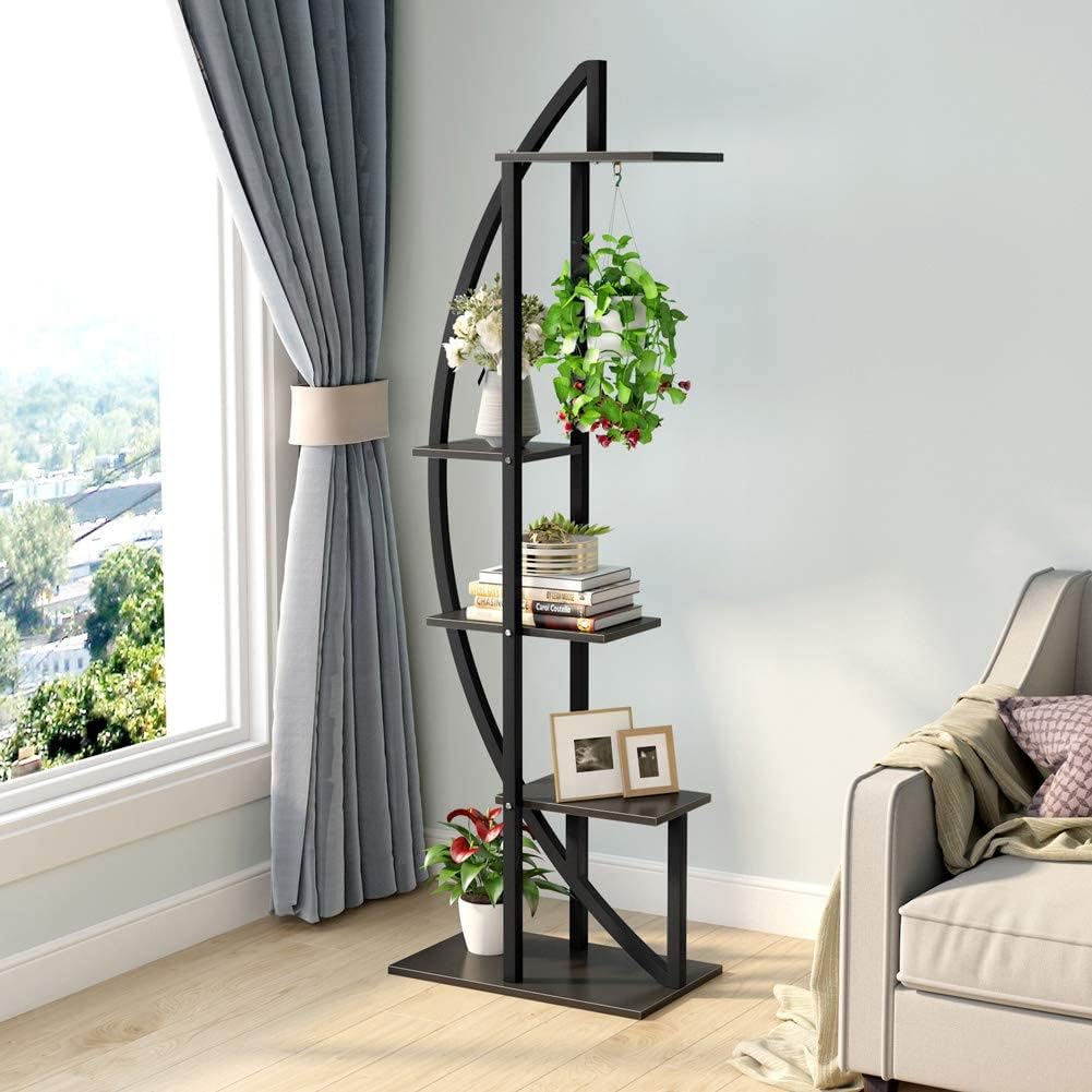 Pflanzenregal, 2 Stück, Blumenständer, mit 5 Ebenen und 2 Haken, 160cm Hoch, Blumenregal Wohnzimmer, Pflanzenständer metall, Mattschwarz, Tribesigns, 3