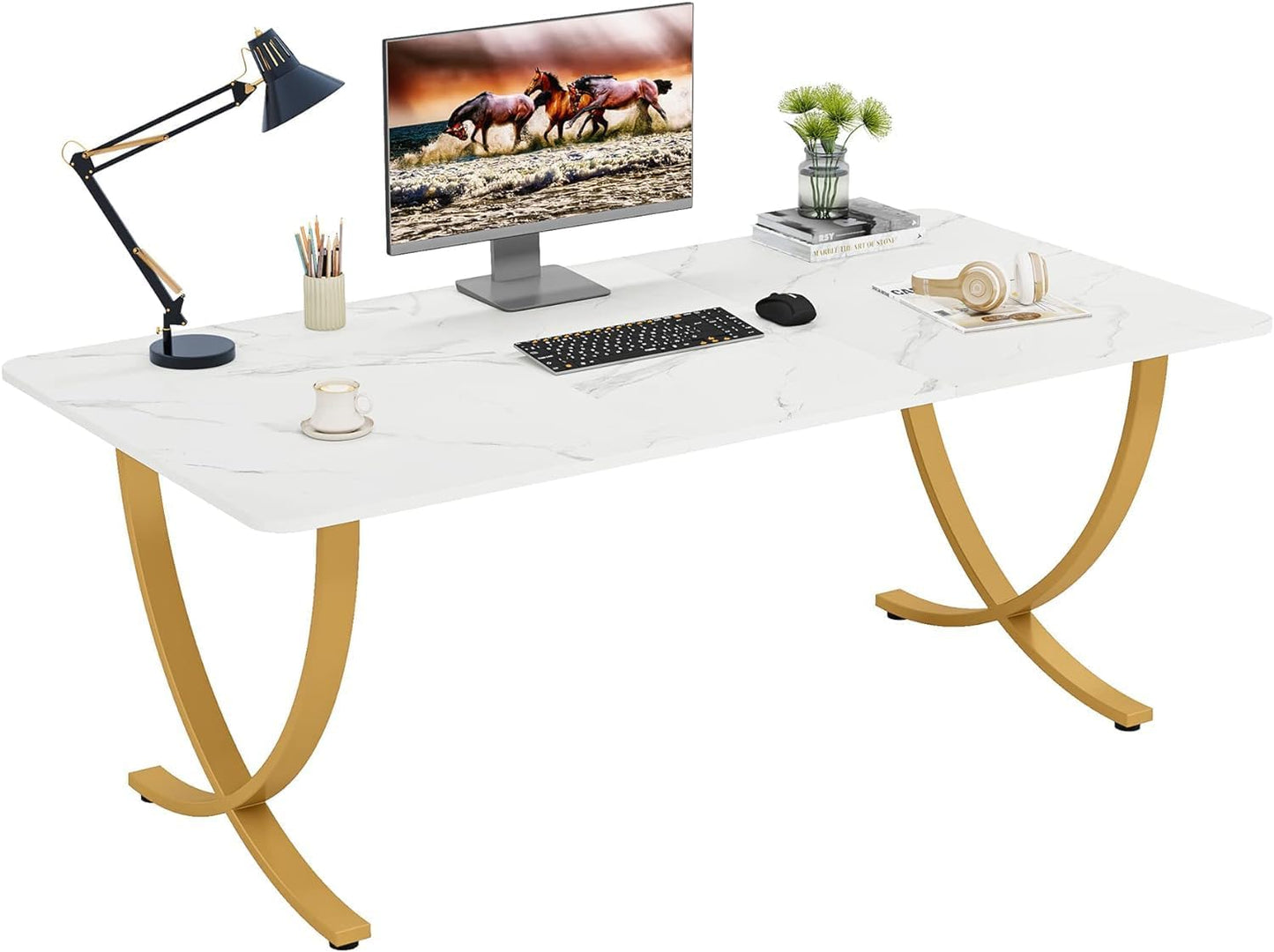 Schreibtisch, 160x80x75 cm, Computertisch, mit Tischplatte aus Kunstmarmor und Metallbeinen, für Home Office, Konferenztisch, Weiß Gold, Tribesigns, 7