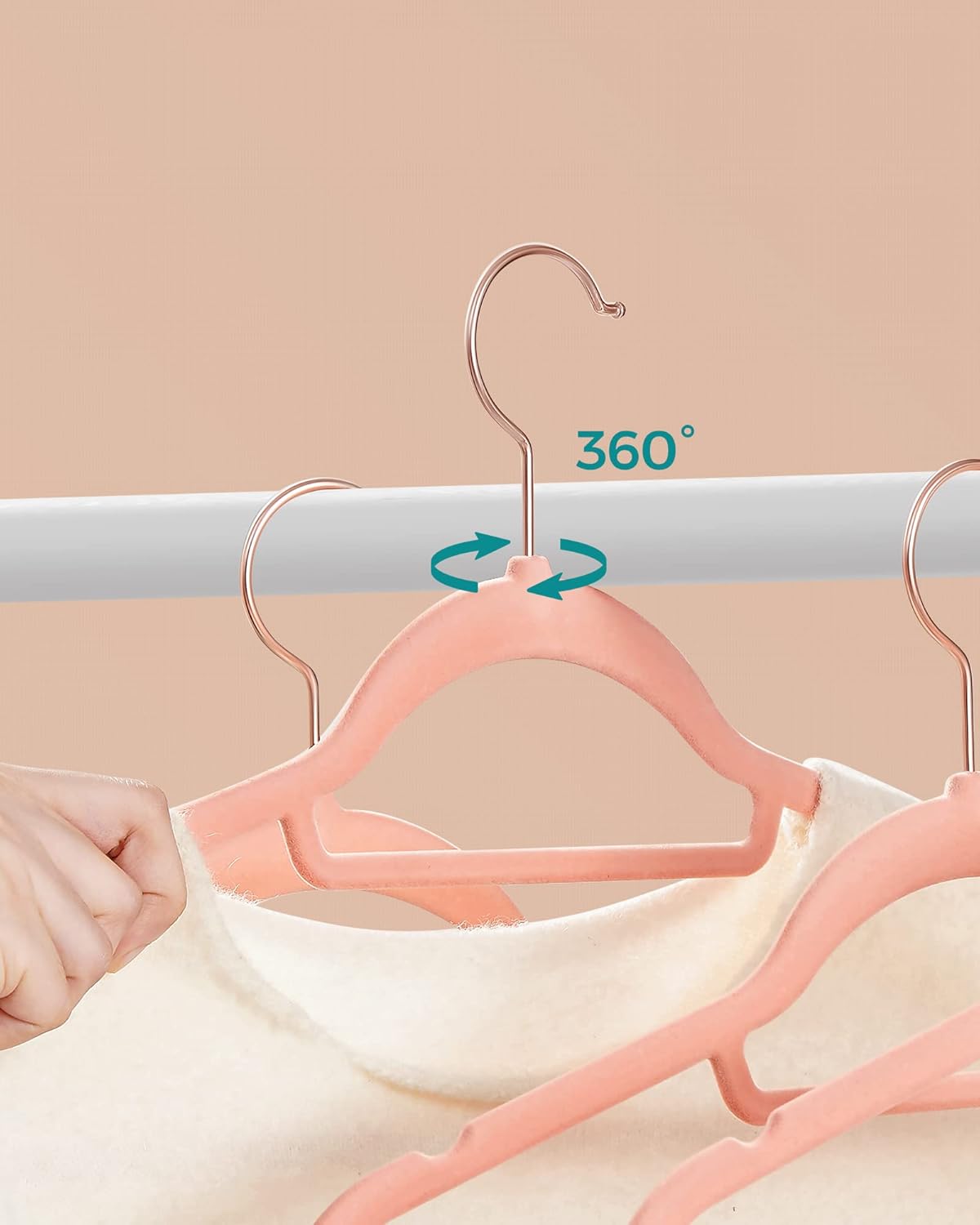 Kleiderbügel Samt, 50er Set, Hosenbügel, 43,5cm, Samtbügel, mit Stange für Krawatten, Roségold-Rosa, SONGMICS, 5