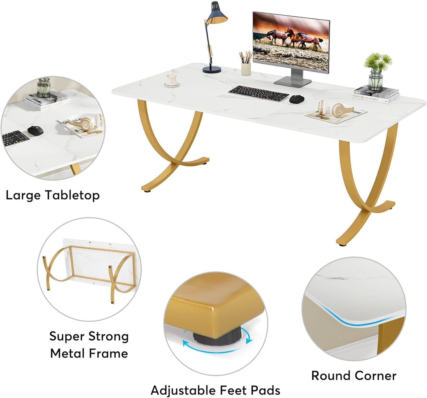 Schreibtisch, 160x80x75 cm, Computertisch, mit Tischplatte aus Kunstmarmor und Metallbeinen, für Home Office, Konferenztisch, Weiß Gold, Tribesigns, 6