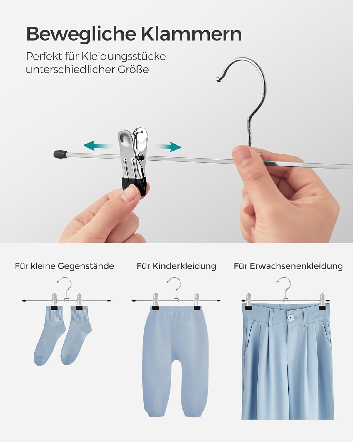 Hosenbügel, 20er Set, Kleiderbügel, mit Klammern, 31cm, Rutschfest, Rockbügel, Silber-Schwarz, SONGMICS, 6