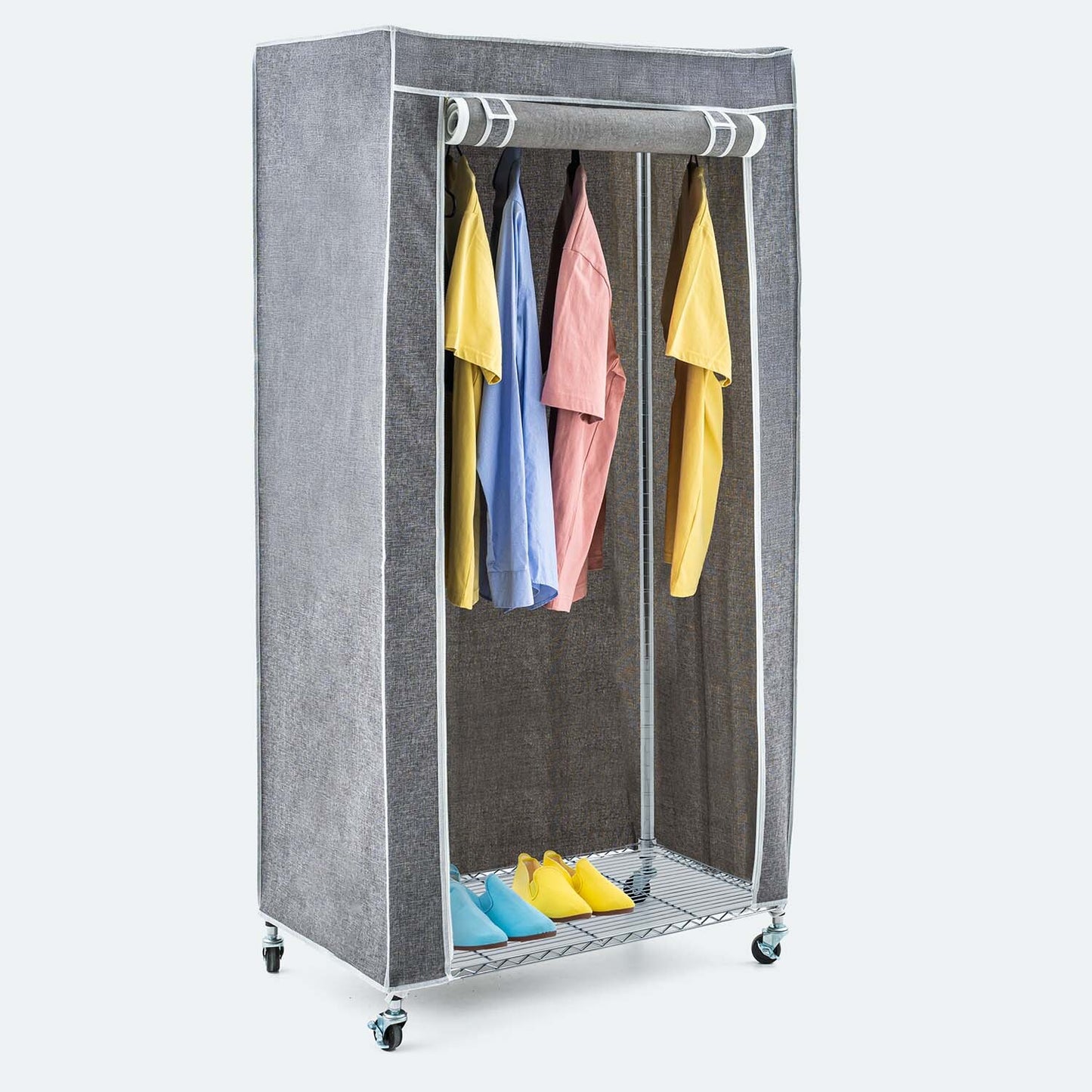 Art Moon Buffalo – Schwerlast Faltschrank mit Rollen, bis 70 kg, Kleiderständer mit Hülle, Stoffschrank mit 2 Ablagen und Kleiderstange, Stahl, Grau