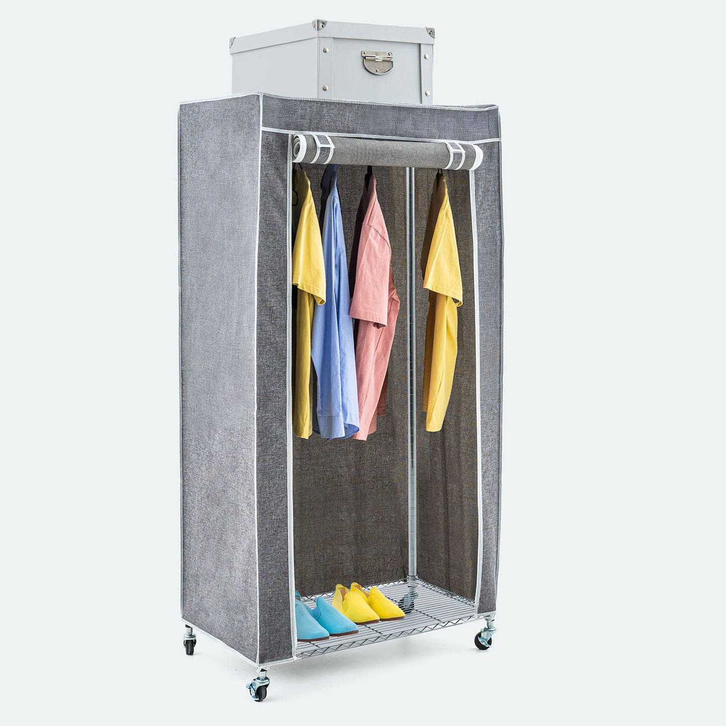 Art Moon Buffalo – Schwerlast Faltschrank mit Rollen, bis 70 kg, Kleiderständer mit Hülle, Stoffschrank mit 2 Ablagen und Kleiderstange, Stahl, Grau