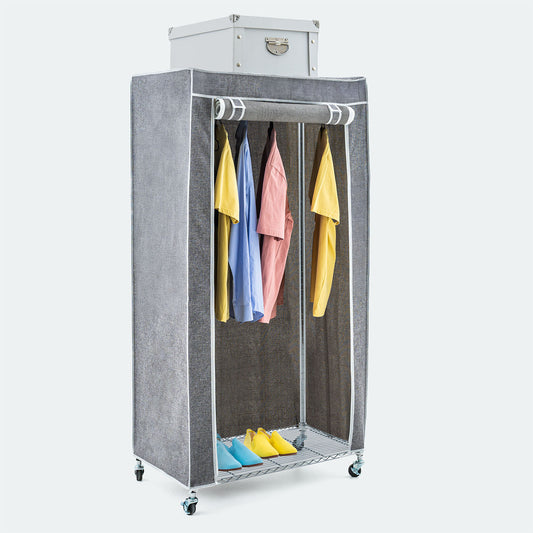 Art Moon Buffalo – Schwerlast Faltschrank mit Rollen, bis 70 kg, Kleiderständer, Mobiler Kleiderschrank mit 2 Ablagen und Kleiderstange, Stahl, Grau