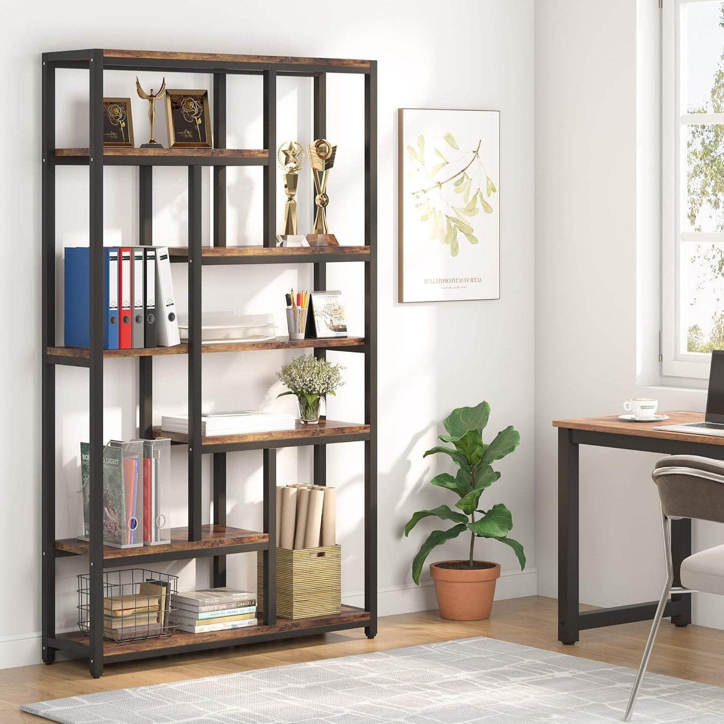 Bücherregal, mit 7 Ebenen, Schmales Regal, 100 x 30 x 200 cm, Bücherständer, Standregal mit Stahlrahmen, Freistehendes Regal, Braun, Tribesigns, 8