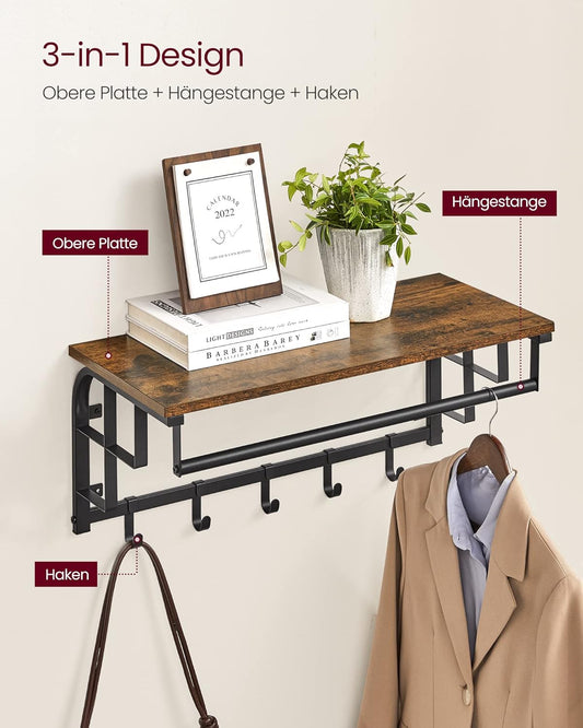Wandgarderobe, 66x30x27cm, Wandgarderobe mit Ablage, 5 abnehmbaren Haken, Rustikales Braun, Schwarz, VASAGLE, 1