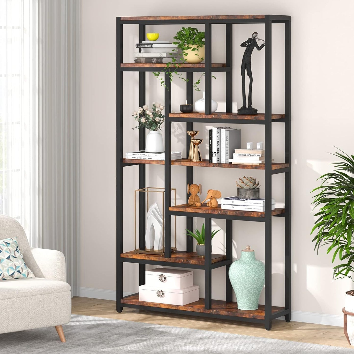 Bücherregal, mit 7 Ebenen, Schmales Regal, 100 x 30 x 200 cm, Bücherständer, Standregal mit Stahlrahmen, Freistehendes Regal, Braun, Tribesigns, 7