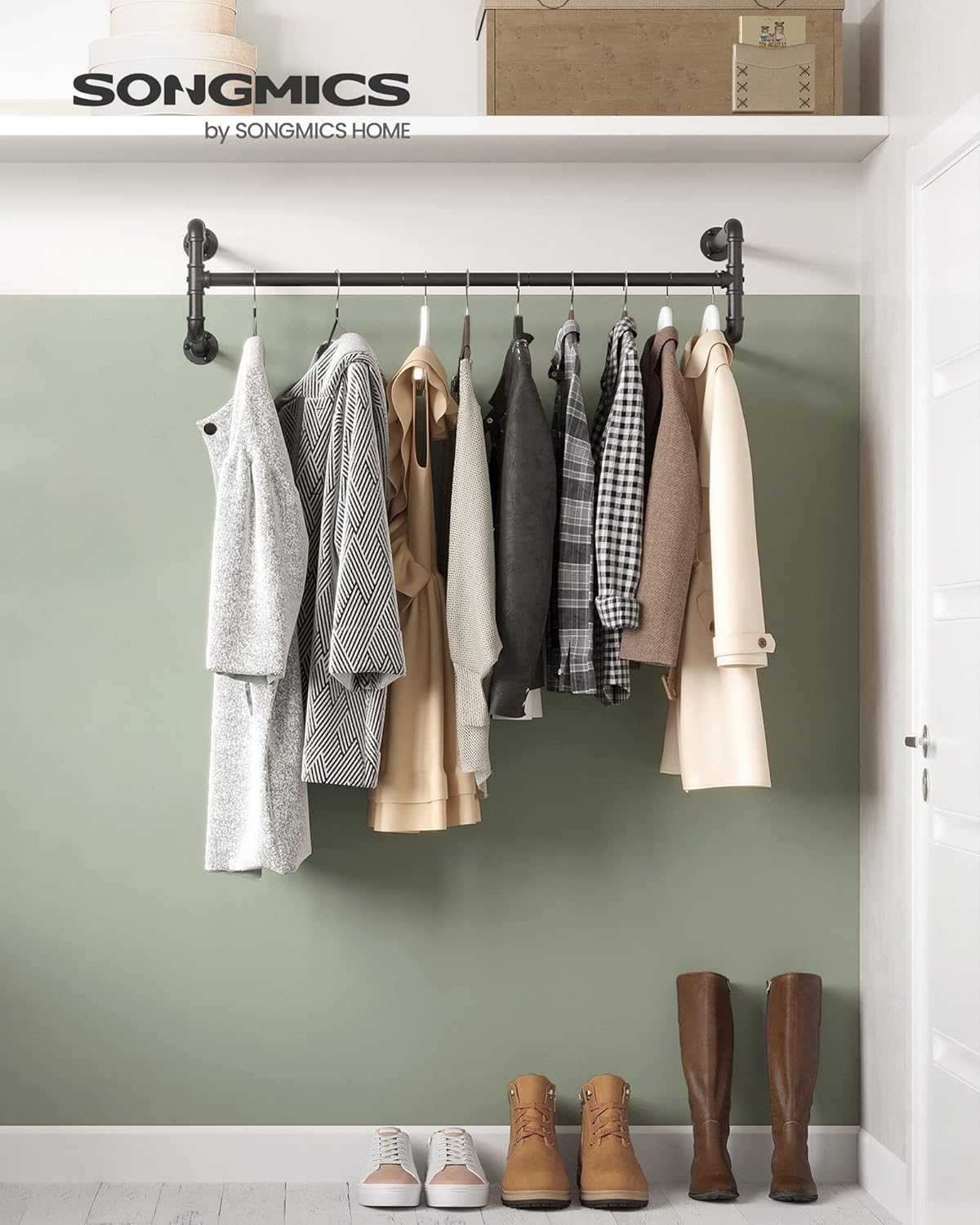 Kleiderstange Wand, 2er Set, Kleiderstange, 30x112x29,3cm, bis 60 kg belastbar, Schwarz, SONGMICS, 1