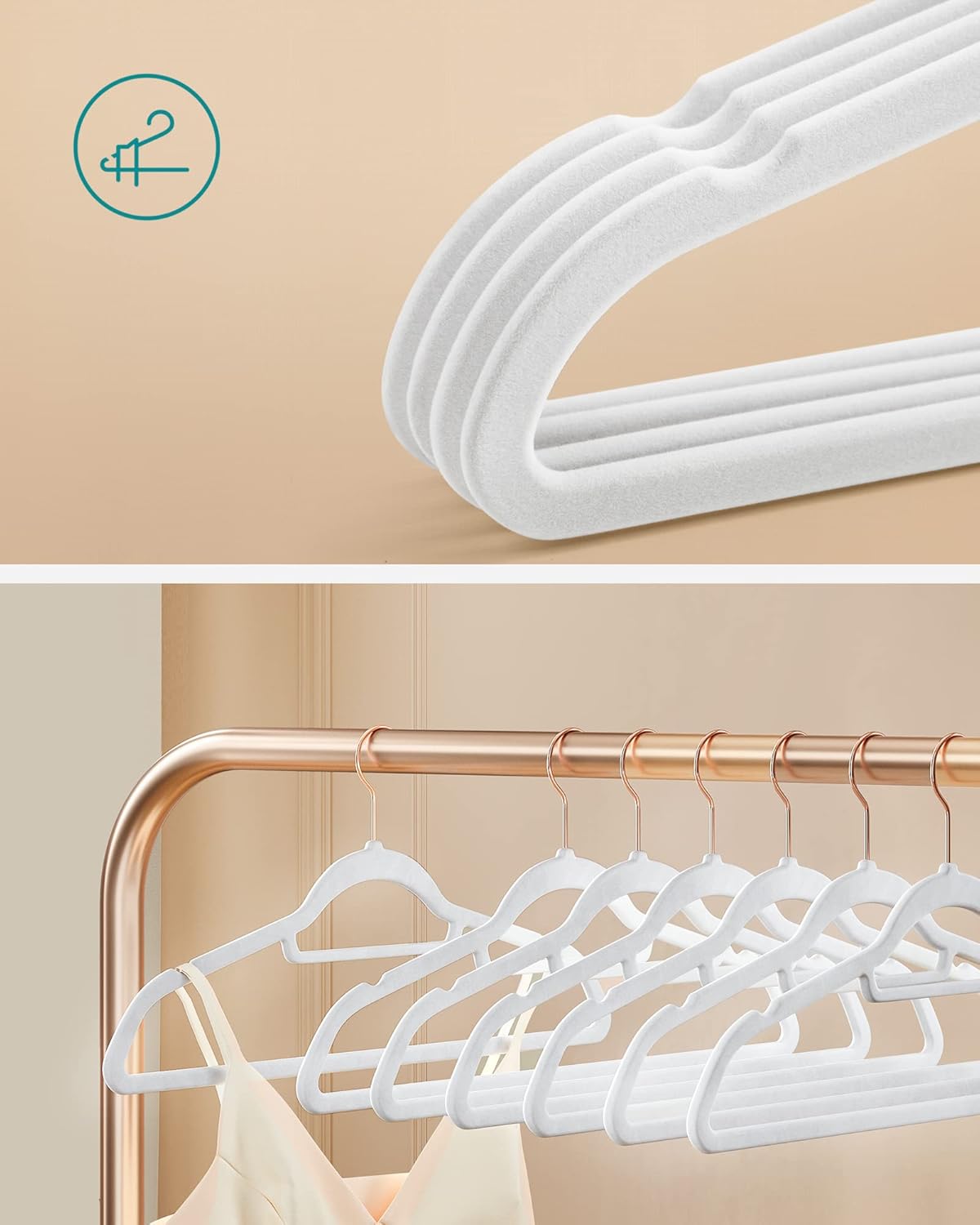 Kleiderbügel, 50er Set, Hosenbügel, 43,5cm, Kleiderbügel platzsparend, mit Stange für Krawatten, Roségold-Weiß, SONGMICS, 3