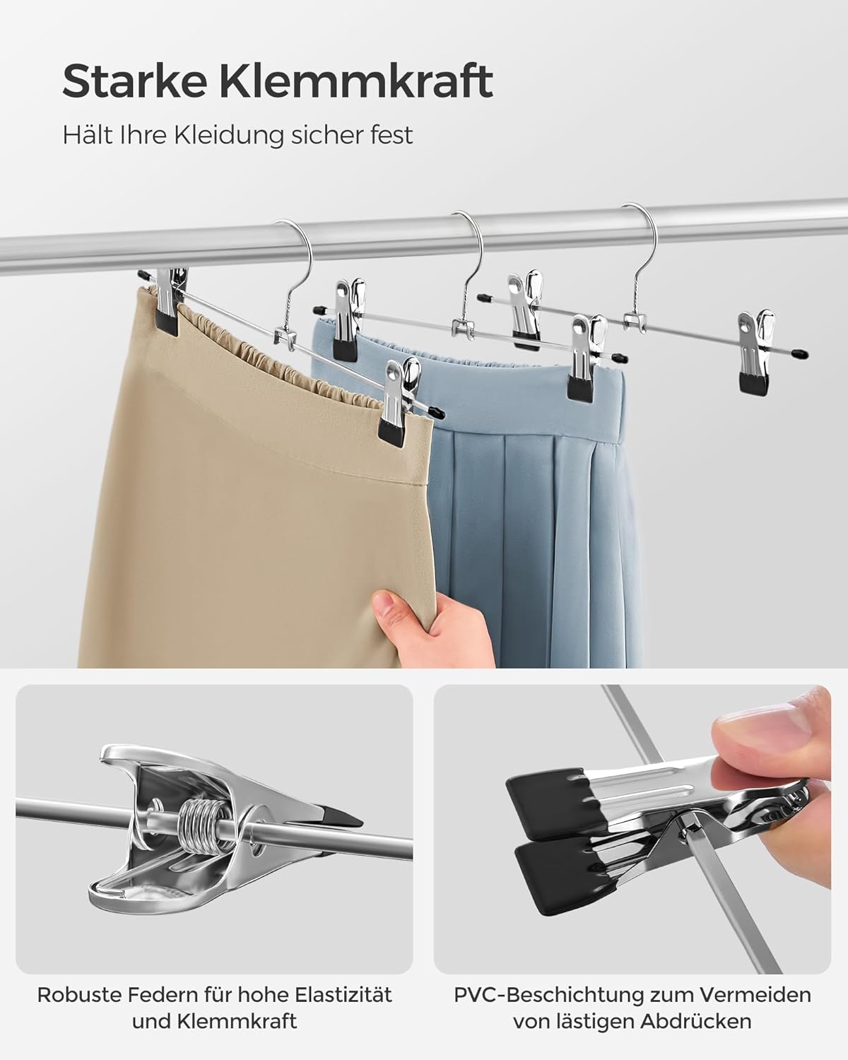 Hosenbügel, 20er Set, Kleiderbügel, mit Klammern, 31cm, Rutschfest, Rockbügel, Silber-Schwarz, SONGMICS, 5