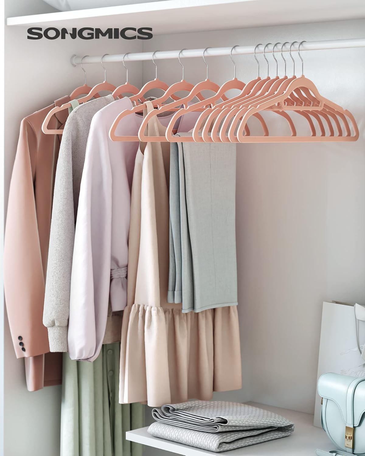Kleiderbügel, 50er Set, Hosenbügel, 43,5cm, Samtbügel, mit Stange für Krawatten, Silber-Rosa, SONGMICS, 7