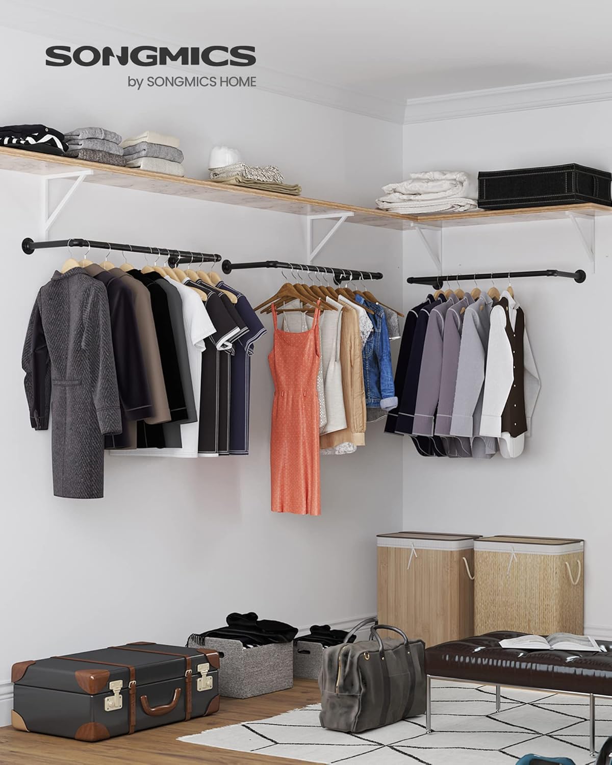 Kleiderstange Wand, 2er Set, Garderobenstangen, bis 60kg, Platzsparend, Kleiderstange Wandmontage, Schwarz, SONGMICS, 1