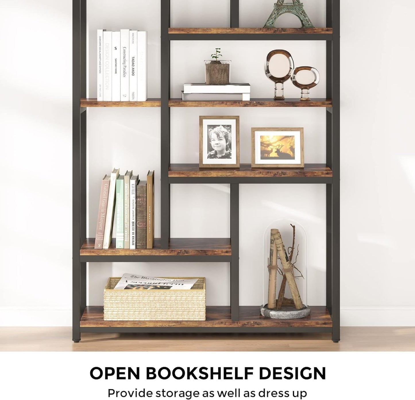 Bücherregal, mit 7 Ebenen, Schmales Regal, 100 x 30 x 200 cm, Bücherständer, Standregal mit Stahlrahmen, Freistehendes Regal, Braun, Tribesigns, 10