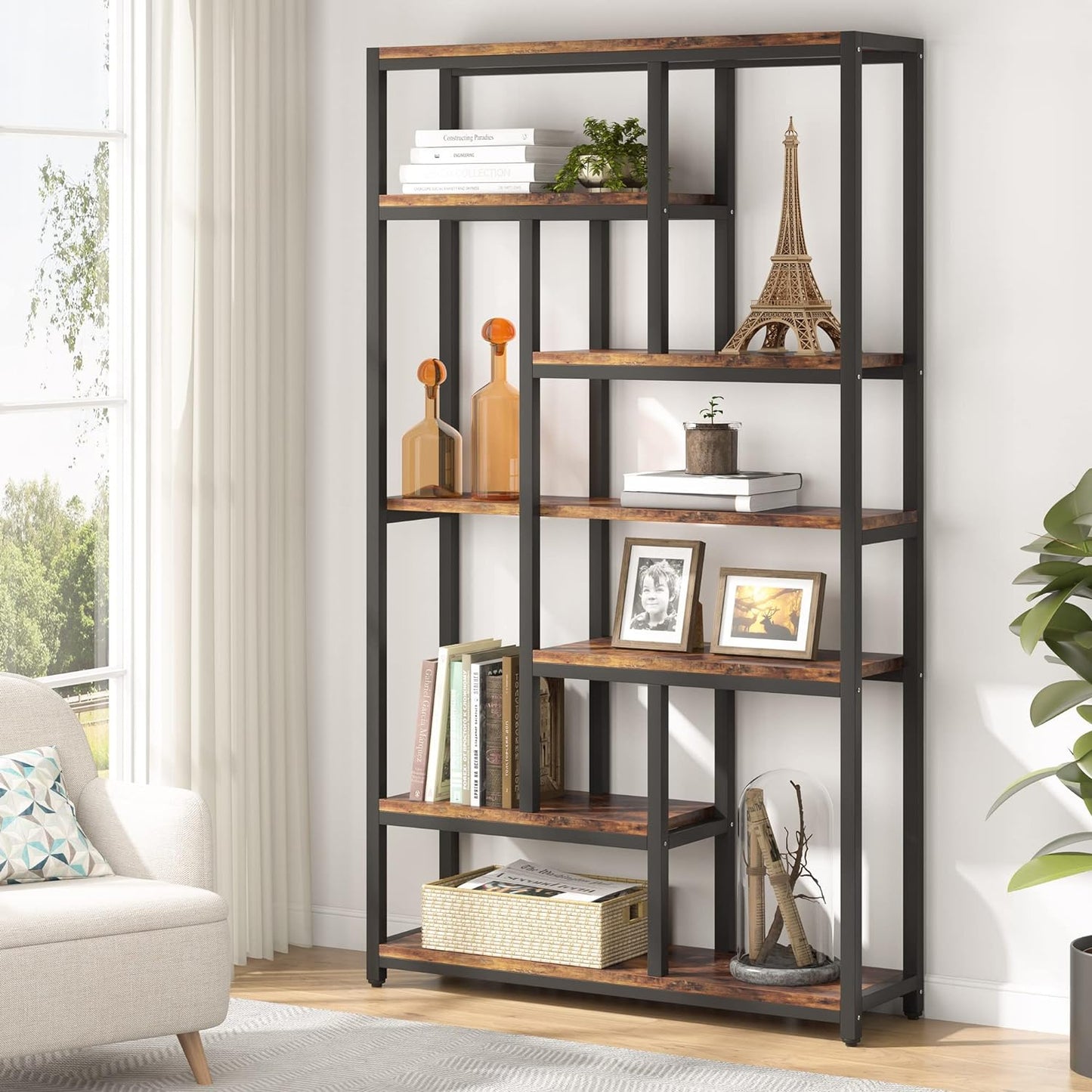 Bücherregal, mit 7 Ebenen, Schmales Regal, 100 x 30 x 200 cm, Bücherständer, Standregal mit Stahlrahmen, Freistehendes Regal, Braun, Tribesigns, 1