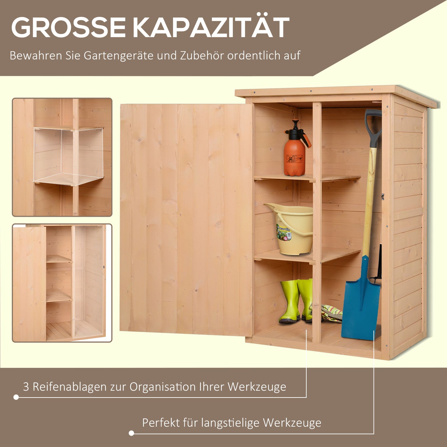 Outsunny - Gartenhaus Gerätehaus Geräteschuppen mit Regalböden Geräteschuppen Lagerschuppen für Garten Tanne Naturholz 75 x 56 x115 cm
