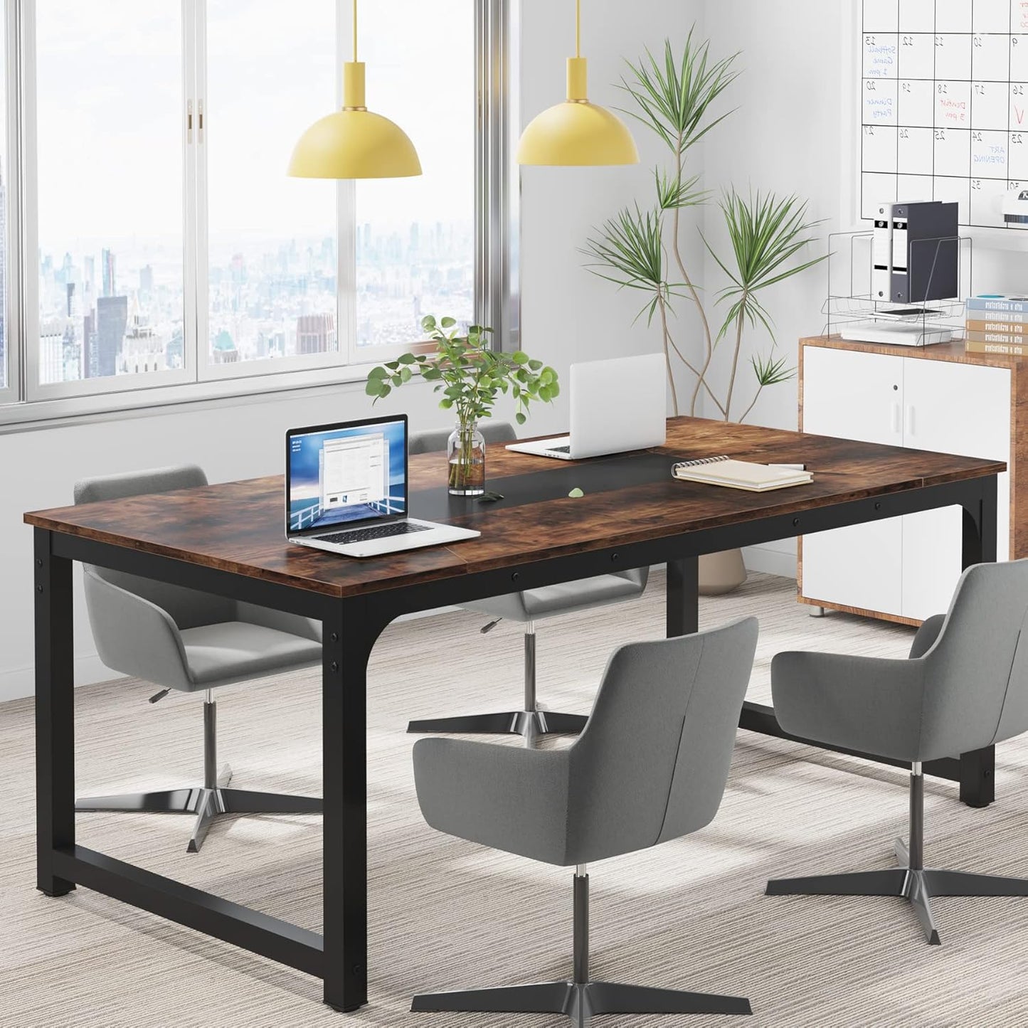 Schreibtisch, 180 x 90 x 77 cm, Computertisch, PC Tisch, Bürotisch, Arbeitstisch, Konferenztisch, für Home Office, Rustikales Braun, Tribesigns, 11