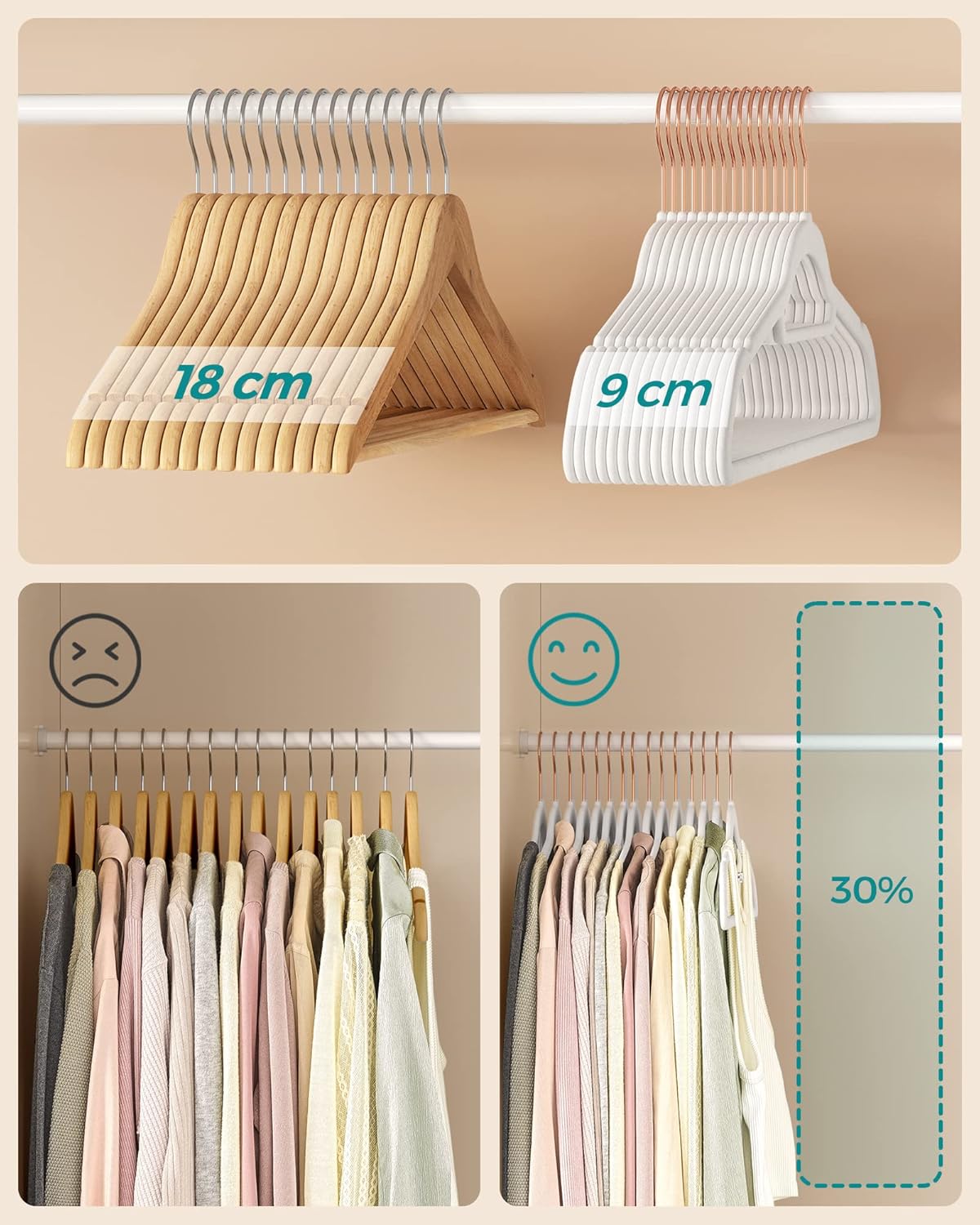 Kleiderbügel, 50er Set, Hosenbügel, 43,5cm, Kleiderbügel platzsparend, mit Stange für Krawatten, Roségold-Weiß, SONGMICS, 9