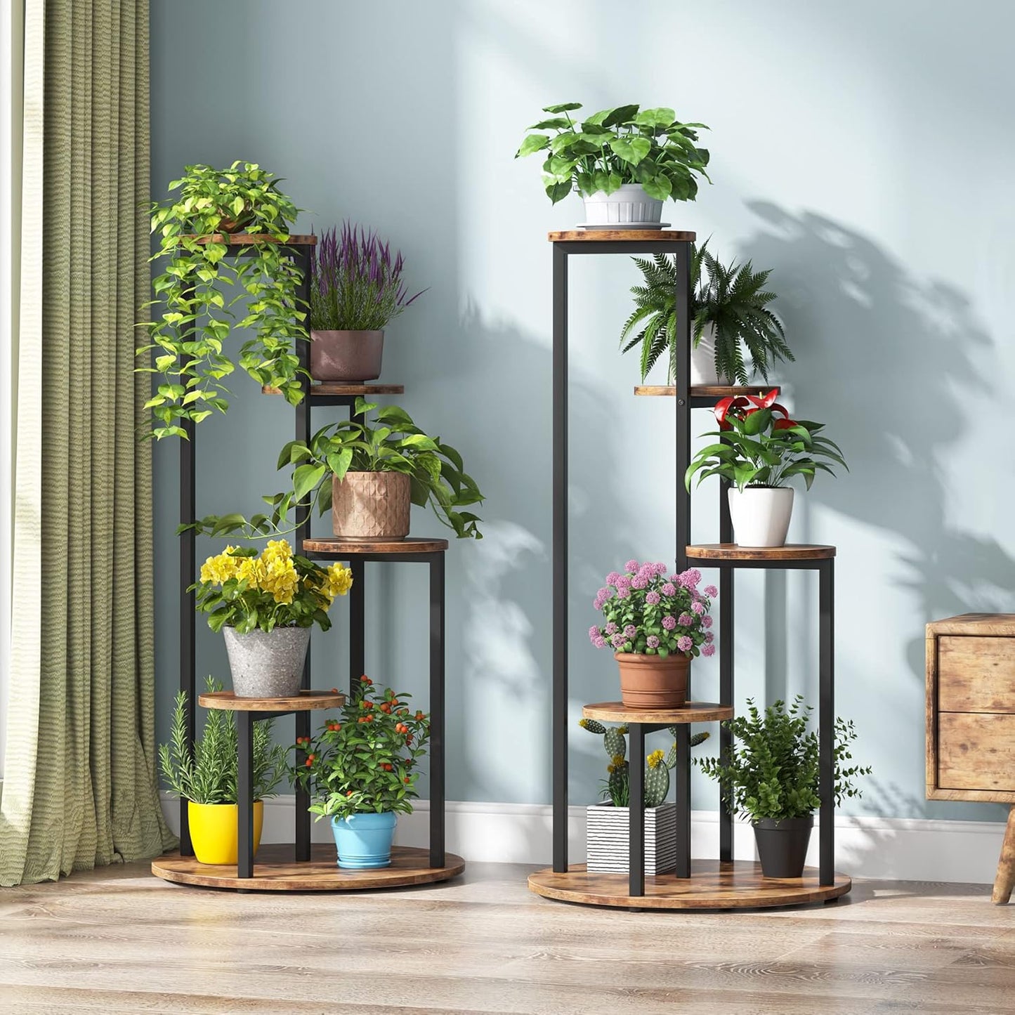 Blumenständer, 5 Etagen, Pflanzenständer hoch, 50 x 50 x 104 cm, Pflanzenregal Indoor, Blumenregal metall, für Terrasse, Braun Schwarz, Tribesigns, 10