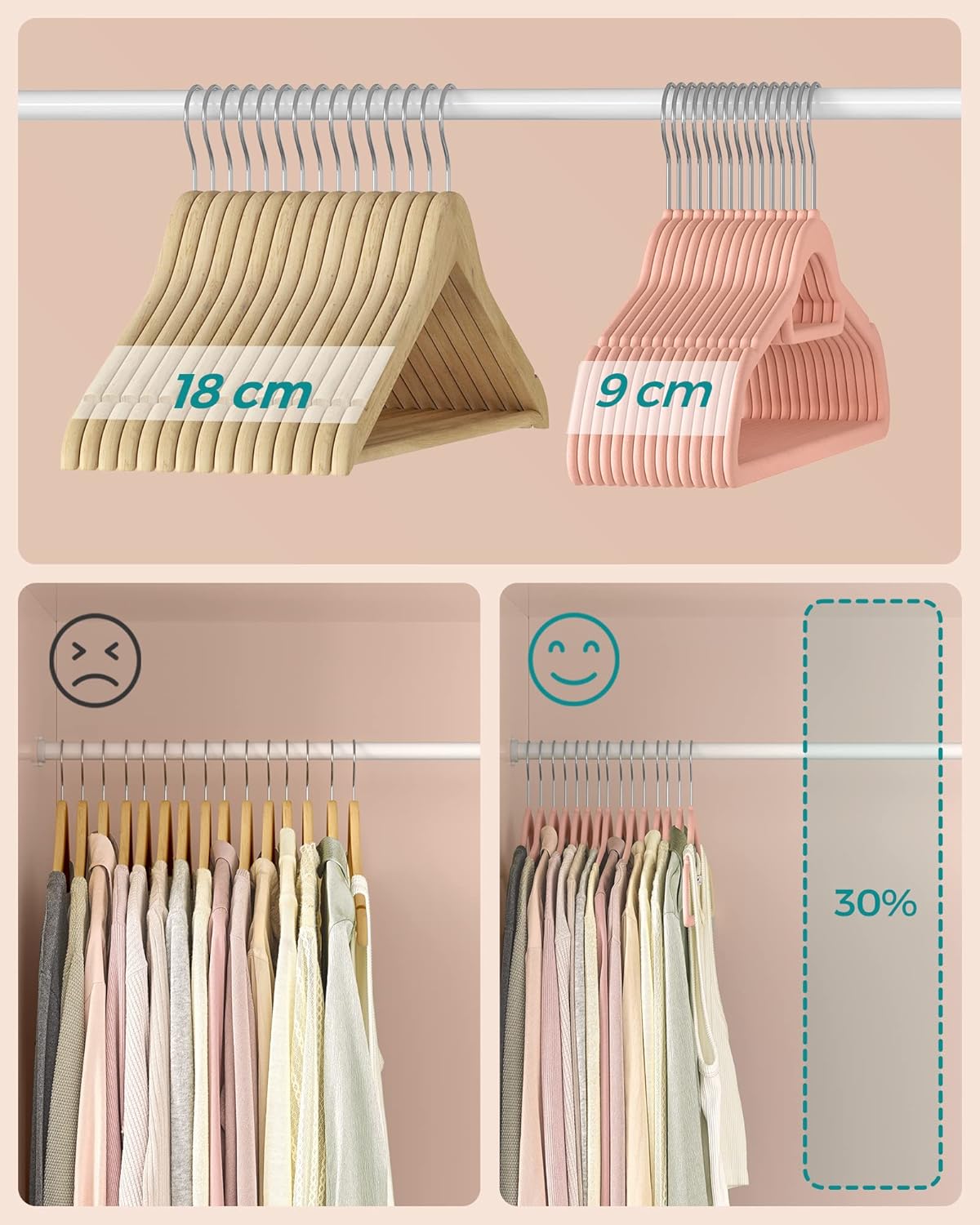 Kleiderbügel, 50er Set, Hosenbügel, 43,5cm, Samtbügel, mit Stange für Krawatten, Silber-Rosa, SONGMICS, 6