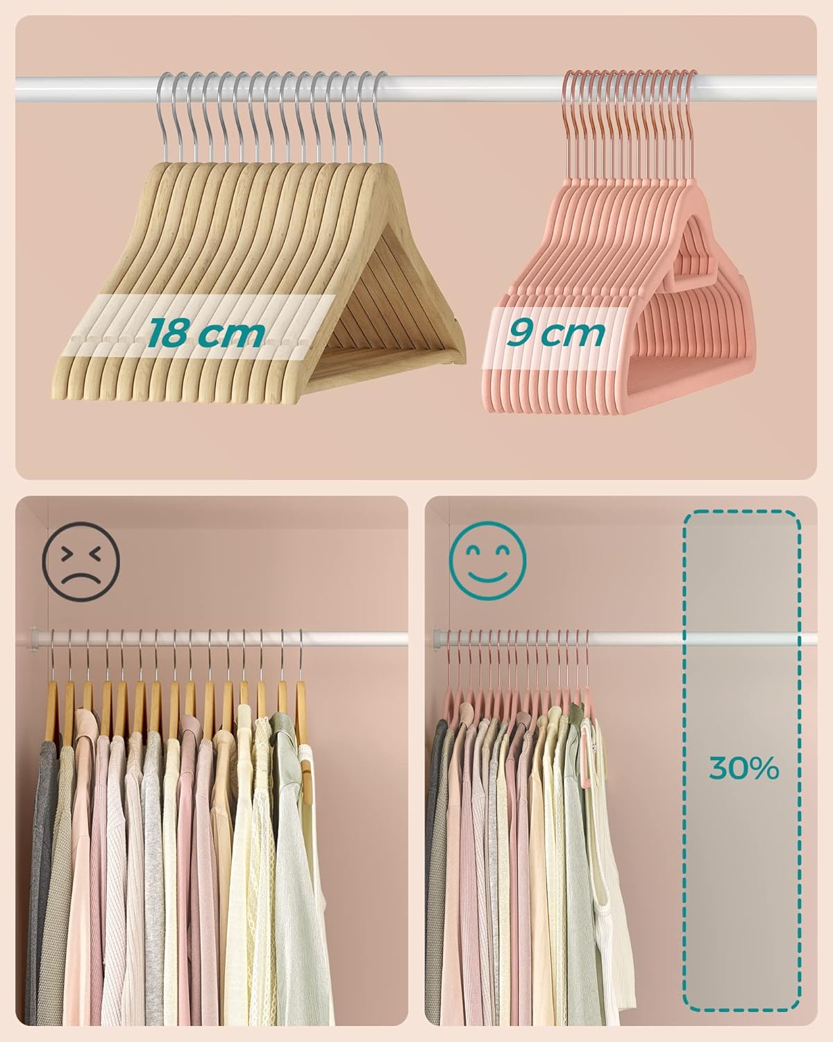 Kleiderbügel Samt, 50er Set, Hosenbügel, 43,5cm, Samtbügel, mit Stange für Krawatten, Roségold-Rosa, SONGMICS, 7