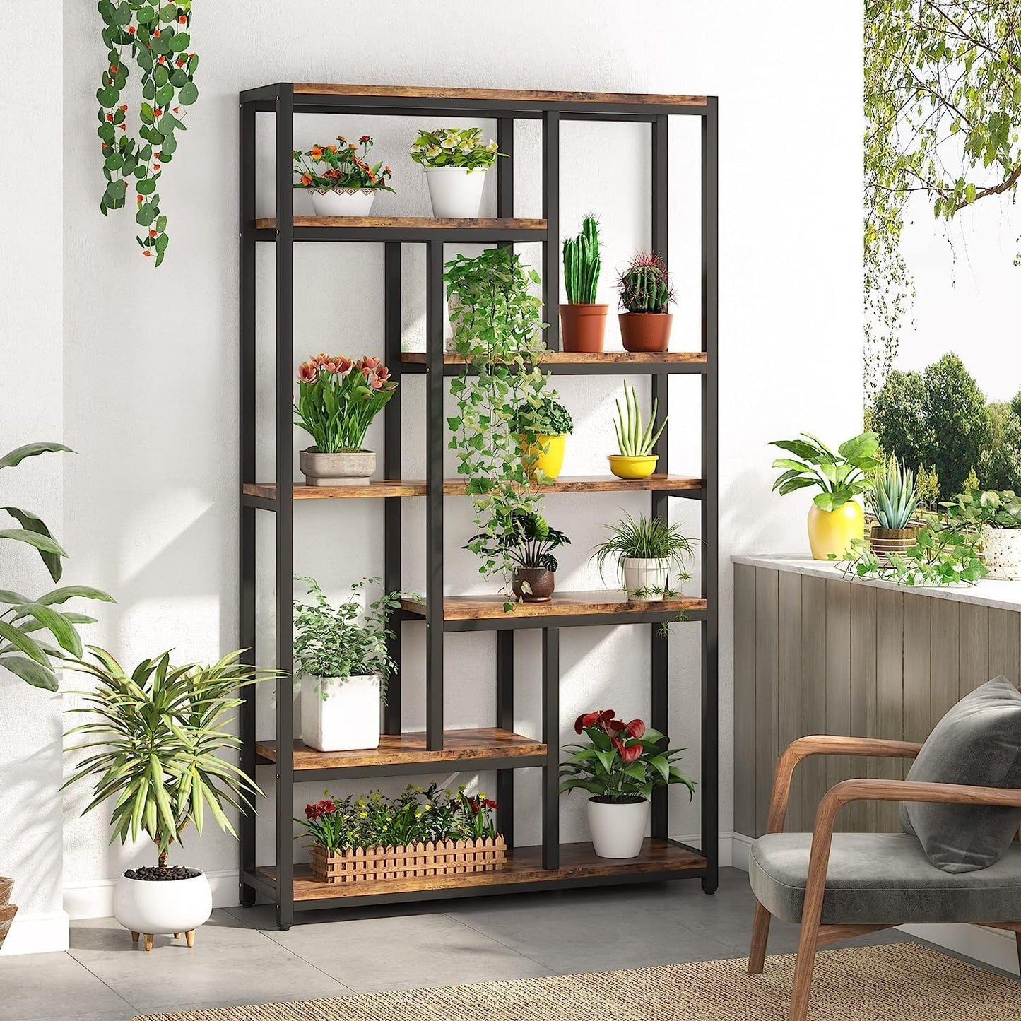 Bücherregal, mit 7 Ebenen, Schmales Regal, 100 x 30 x 200 cm, Bücherständer, Standregal mit Stahlrahmen, Freistehendes Regal, Braun, Tribesigns, 9