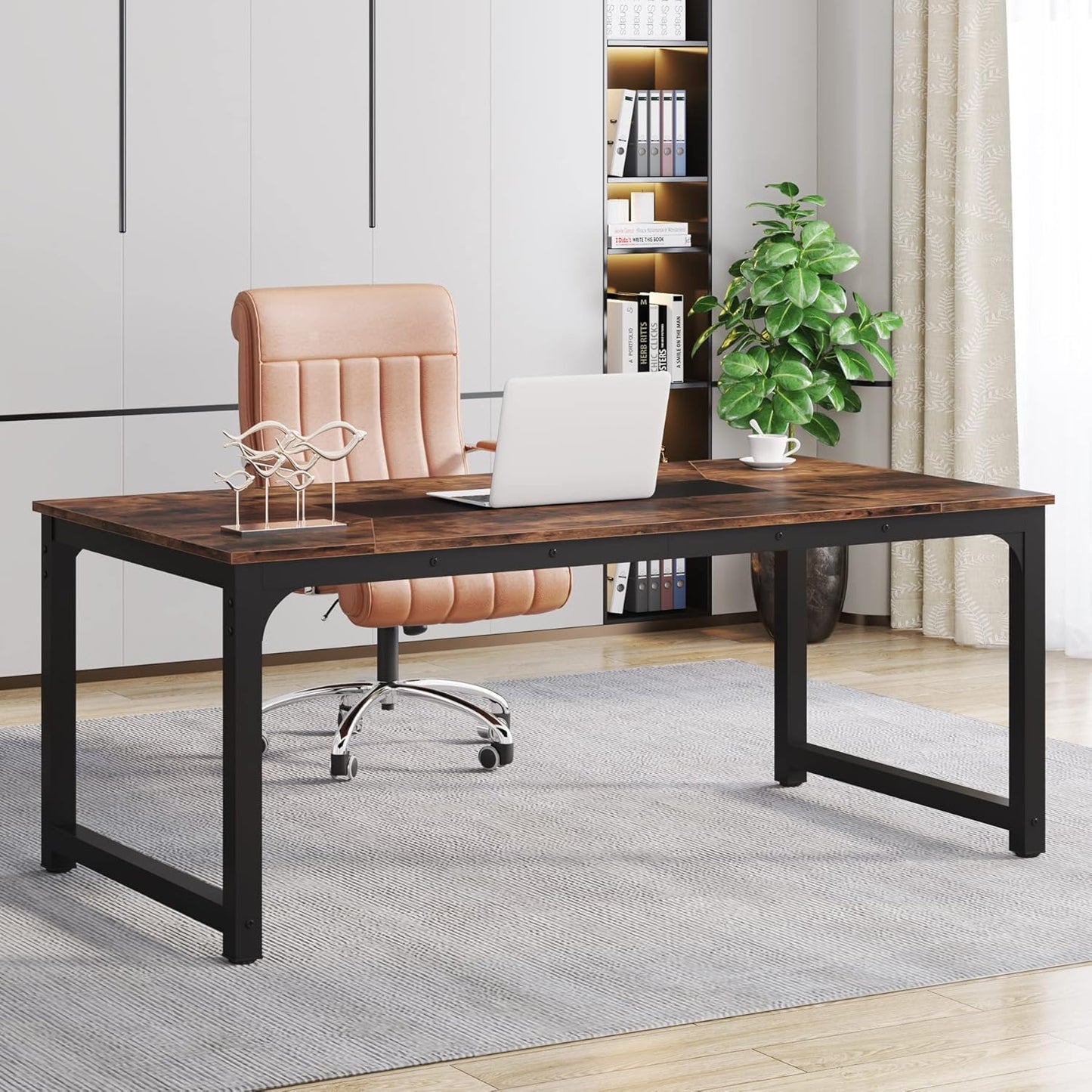 Schreibtisch, 180 x 90 x 77 cm, Computertisch, PC Tisch, Bürotisch, Arbeitstisch, Konferenztisch, für Home Office, Rustikales Braun, Tribesigns, 8