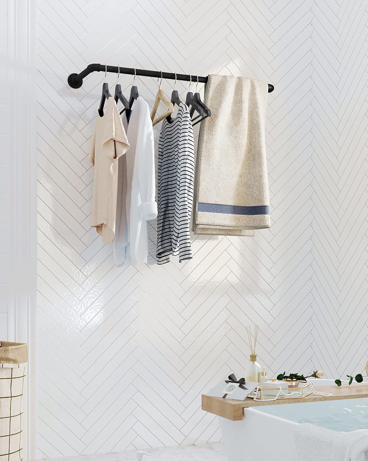 Kleiderstange Wand, 2er Set, Garderobenstangen, bis 60kg, Platzsparend, Kleiderstange Wandmontage, Schwarz, SONGMICS, 1