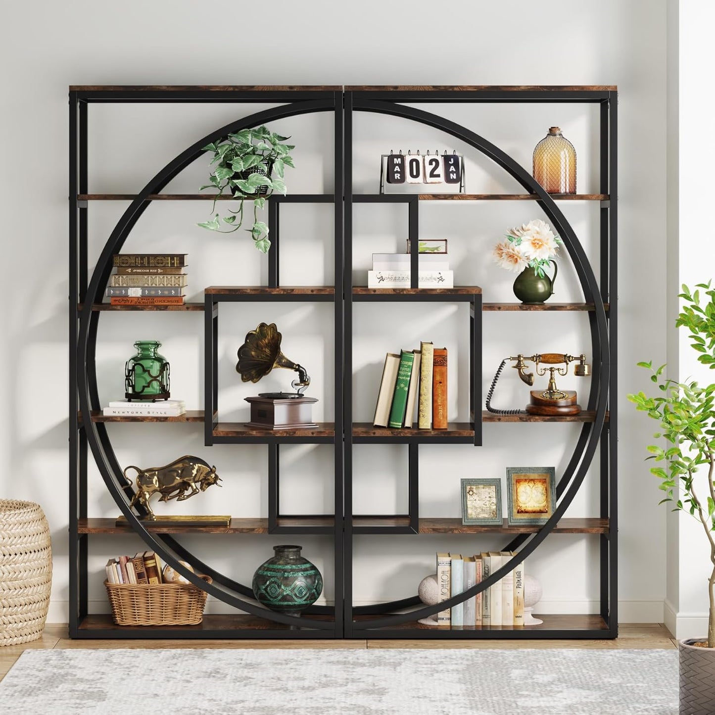 Bücherregal, 5-stöckiges, Bücherständer, mit 8 offenen Fächern, Schmales Regal, 80 x 30 x 180 cm, Standregal, Vintage Braun, Tribesigns, 3