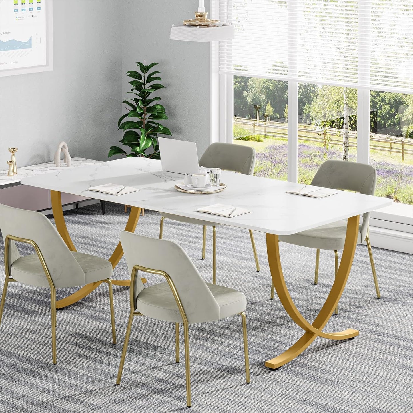 Schreibtisch, 160x80x75 cm, Computertisch, mit Tischplatte aus Kunstmarmor und Metallbeinen, für Home Office, Konferenztisch, Weiß Gold, Tribesigns, 5