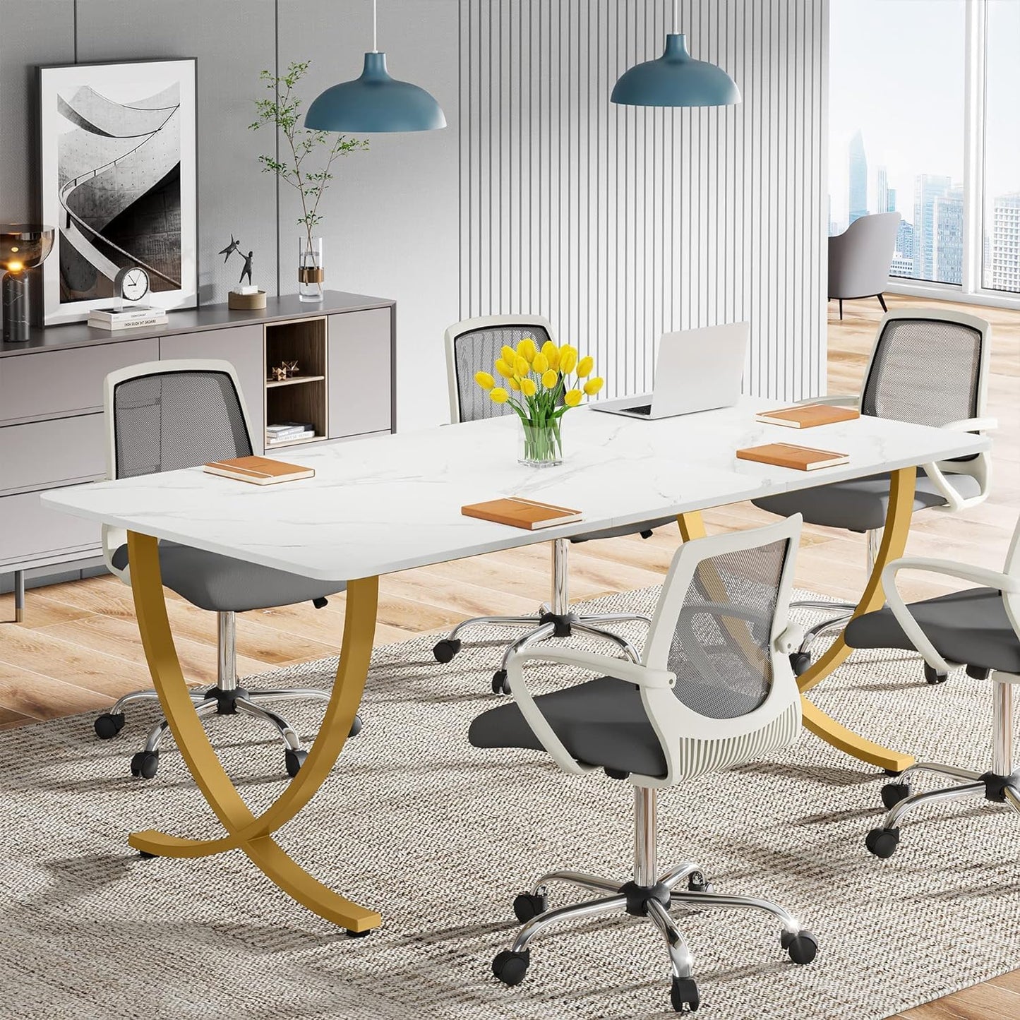 Schreibtisch, 160x80x75 cm, Computertisch, mit Tischplatte aus Kunstmarmor und Metallbeinen, für Home Office, Konferenztisch, Weiß Gold, Tribesigns, 3