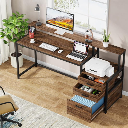 Schreibtisch mit Schubladen, Computertisch, 160x50x90cm, mit Druckerplatz und Monitorständer, Ergonomischer Bürotisch, für Home Office, Tribesigns, 8
