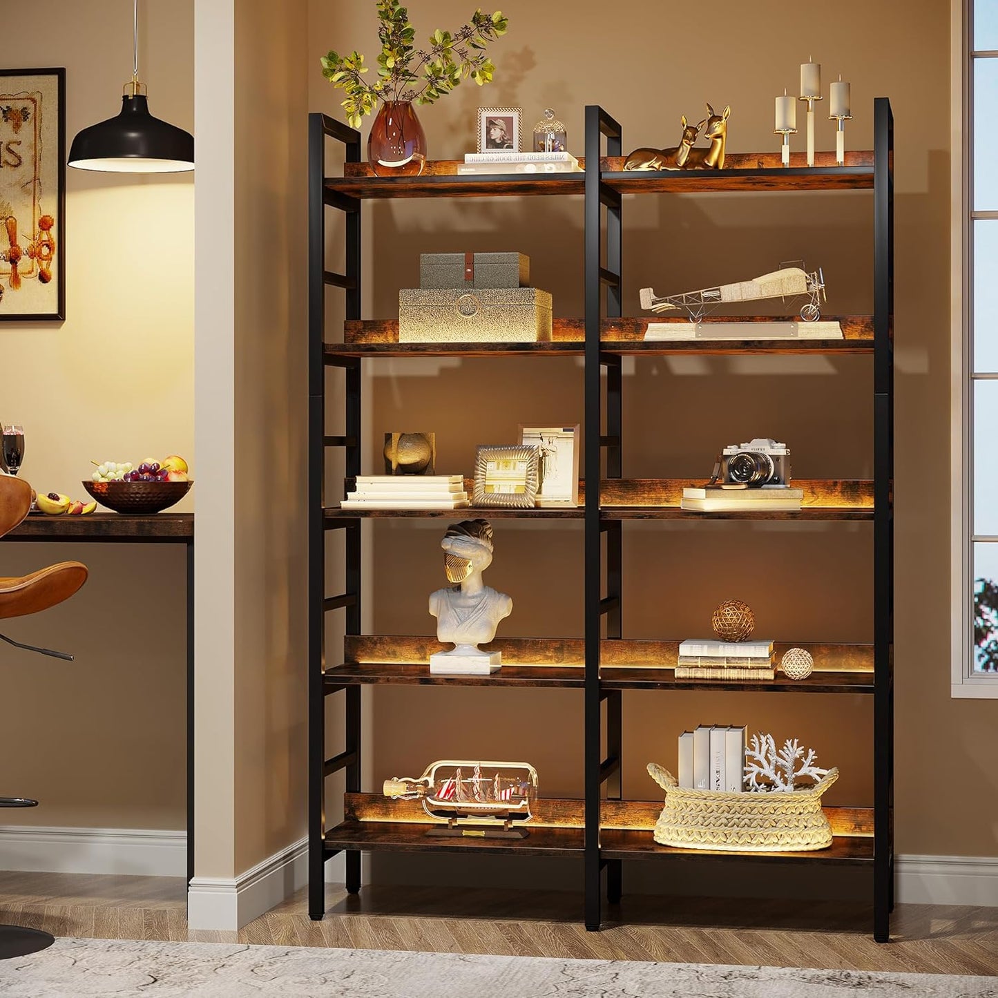 Bücherregal, Bücher regal, mit 5 Ablagen, Standregal, mit Stahlrahmen, Regal metall, für Büro, braun schwarz, Tribesigns, 3
