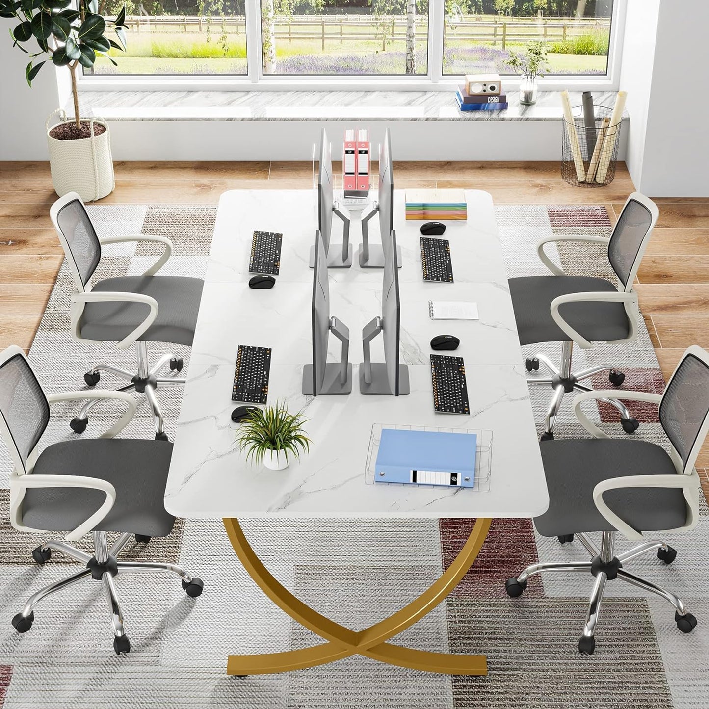 Schreibtisch, 160x80x75 cm, Computertisch, mit Tischplatte aus Kunstmarmor und Metallbeinen, für Home Office, Konferenztisch, Weiß Gold, Tribesigns, 4