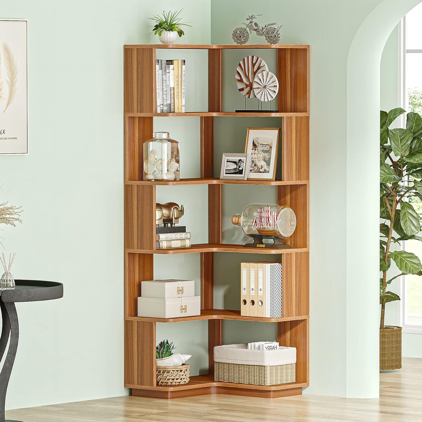 Eck Bücherregal, 6 Etagen, 60 x 60 x 166 cm, Eckregal mit Holzmaserung, Bücherregal, Aufbewahrungsregal für Heimbüro, Wohnzimmer, Tribesigns, 4
