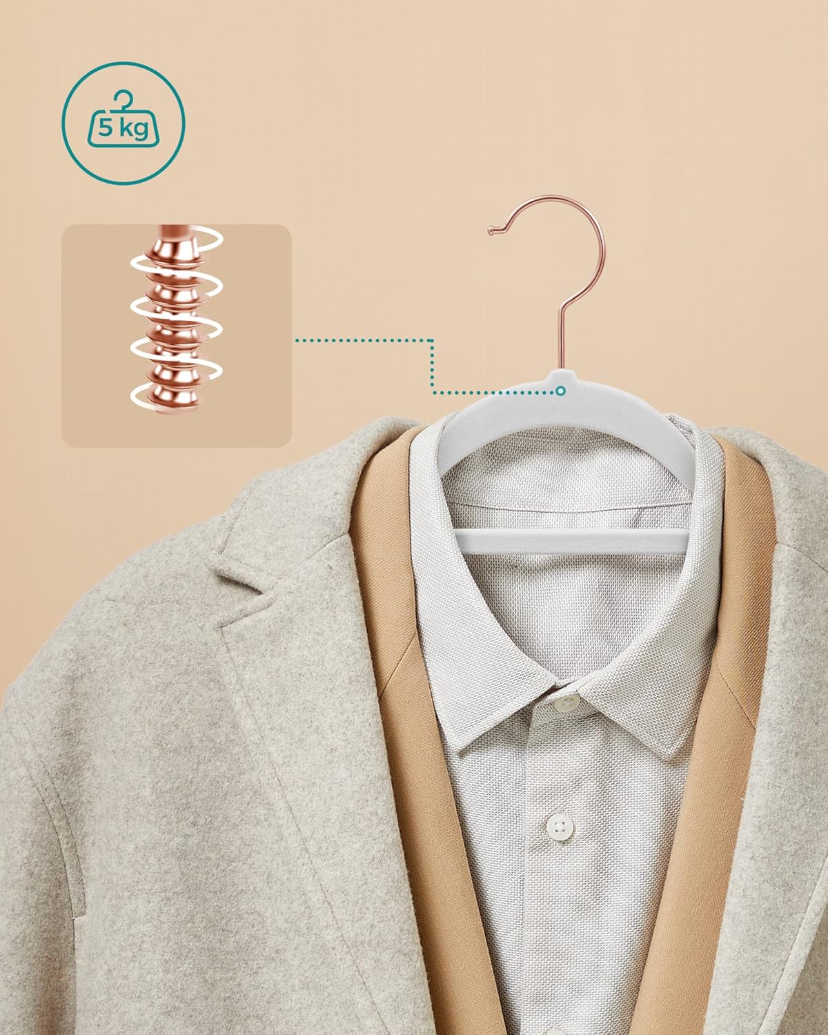 Kleiderbügel, 50er Set, Hosenbügel, 43,5cm, Kleiderbügel platzsparend, mit Stange für Krawatten, Roségold-Weiß, SONGMICS, 7